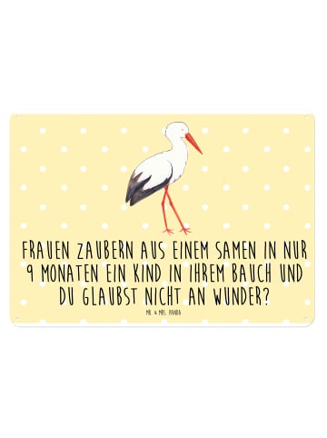 Mr. & Mrs. Panda Blechschild Storch mit Spruch in Gelb Pastell
