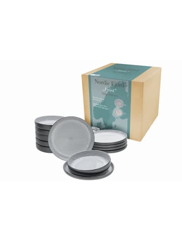 CreaTable Nordic Fjord Frost, 12-teiliges Teller Set aus Steinzeug in Schwarz/Grau