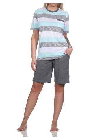 NORMANN kurzarm Shorty Schlafanzug Blockstreifen in helltürkis