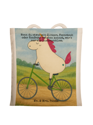 Mr. & Mrs. Panda Tragetasche Einhorn Radfahrer Design mit Spruch in Weiß