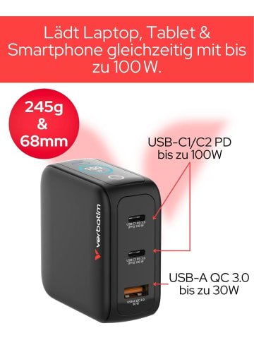 Verbatim Mini GaN Charger 100W Display 3 Ports USB-C Ladegerät Schnellladegerät