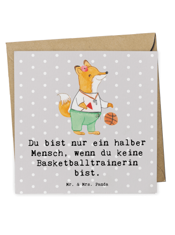 Mr. & Mrs. Panda Deluxe Karte Basketballtrainerin Herz mit Spruch in Grau Pastell