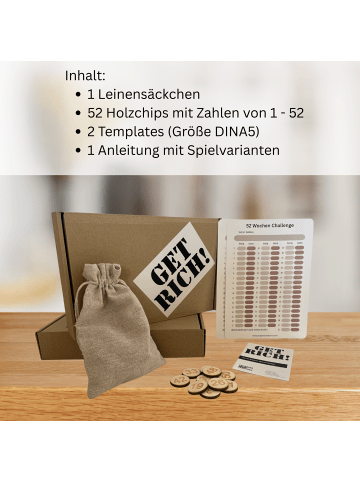 progress creators 52 Wochen Sparchallenge „GET RICH!“ Holzchip-Edition