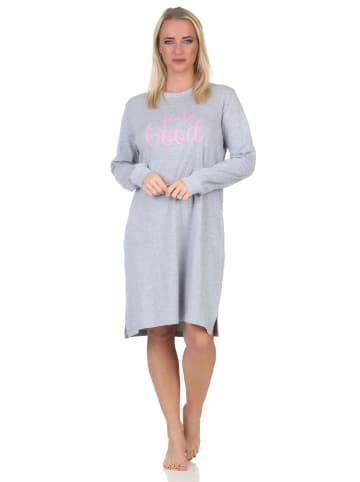 NORMANN Langarm Kuschel Interlock Nachthemd Frontprint - 87681 in grau-mel.