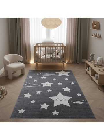 KADIMA DESIGN Kinderteppich Waschbar Sterne TASNA Strapazierfähig OEKO-TEX in Grau