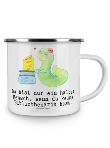 Mr. & Mrs. Panda Camping Emaille Tasse Bibliothekarin Herz mit S... in Weiß