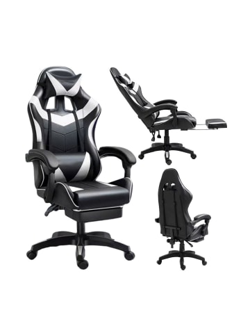 Wisam® Gaming Stuhl Drehbar Fußstütze Schwarz Weiß