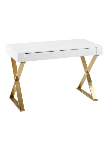 KADIMA DESIGN Hochglanz-Weißer Schreibtisch, Goldene Beine, Modern, 2 Schubladen