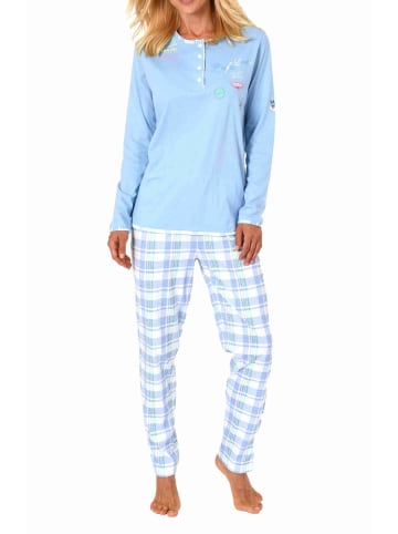 NORMANN Schlafanzug langarm Pyjama karierter Hose Jersey - 82972 in hellblau
