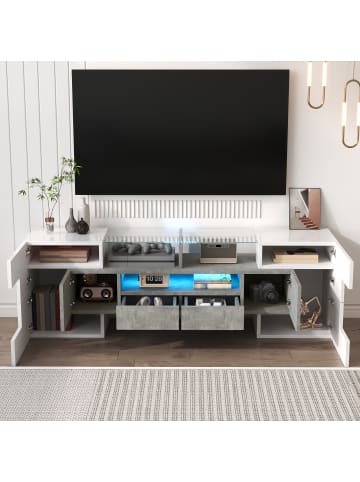 ABRIHOME TV-Schrank in Weiß Hochglanz 145 cm mit LED Beleuchtung und Glasoberfläche