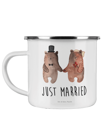 Mr. & Mrs. Panda Camping Emaille Tasse Bär Heirat mit Spruch in Weiß