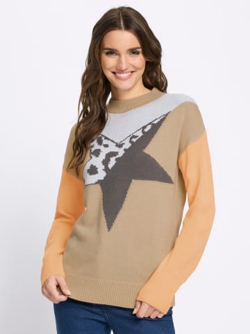 Sieh an! Langarm-Pullover in beige-anthrazit-gemustert