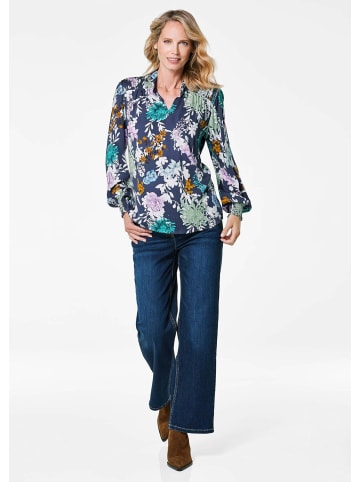 GOLDNER Florale Viskosebluse mit Stehkragen in dunkelblau / gemustert