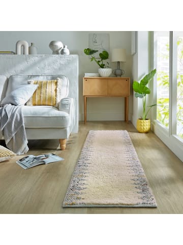 KADIMA DESIGN Wollteppich mit Noppeneffekt und geometrischem Bordürendesign in Beige-Grau