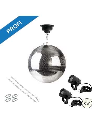 SATISFIRE Spiegekugel Set mit Motor und 2 CW Spots in silber - Durchmesser: 40cm