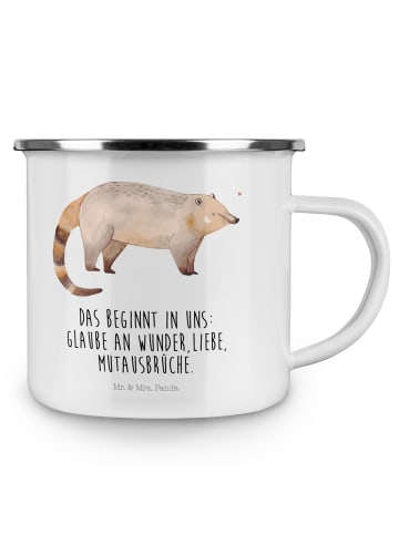 Mr. & Mrs. Panda Camping Emaille Tasse Nasenbär mit Spruch in Weiß