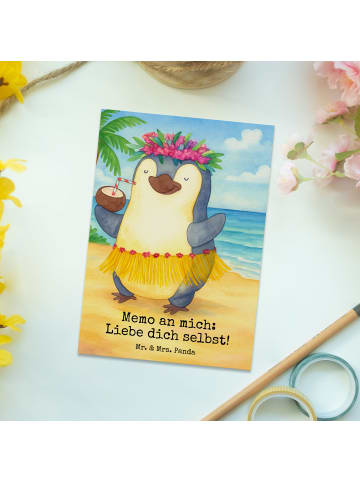Mr. & Mrs. Panda Postkarte Pinguin Kokosnuss Design mit Spruch in Weiß