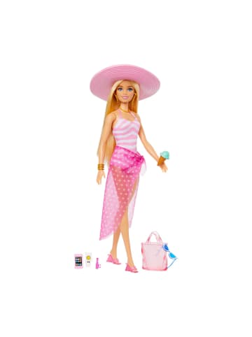 Barbie Modepuppe Beach Day mit Badebekleidung, Tragetasche und Strandzubehör