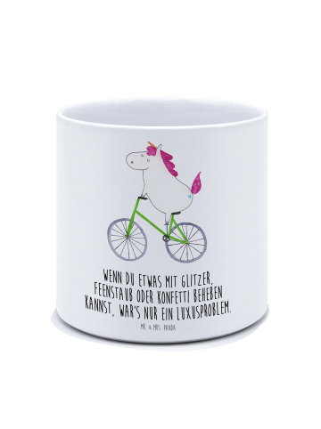 Mr. & Mrs. Panda Blumenkübel Einhorn Radfahrer mit Spruch in Weiß