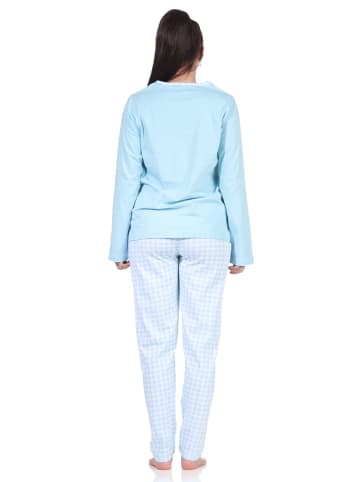 NORMANN langarm Schlafanzug Pyjama Katzen und karierter Jersey Hose - 66205 in hellblau