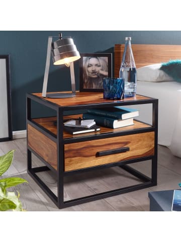 KADIMA DESIGN Massiver Sheesham-Holz Nachttisch: Stilvolle Industrie-Optik, Stauraum