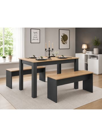 VCM  Holz Essgruppe Tischgruppe Tisch Bänke Esal XL in Anthrazit / Honig-Eiche