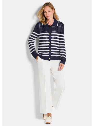 GOLDNER Strickjacke Polopullover mit Lochmuster in marine / weiß / gemustert