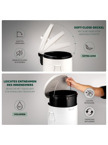 eluno Abfalleimer VINTAGE, Treteimer, 30 Liter Fassungsvermögen aus weißem Metall