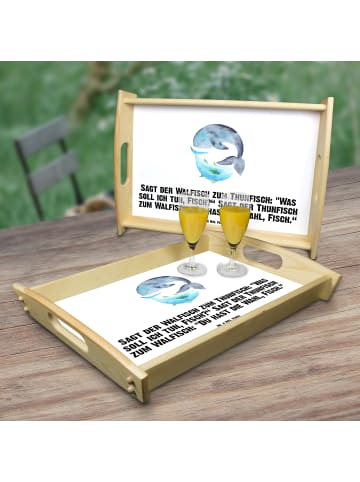 Mr. & Mrs. Panda Holztablett Walfisch Thunfisch mit Spruch in Weiß