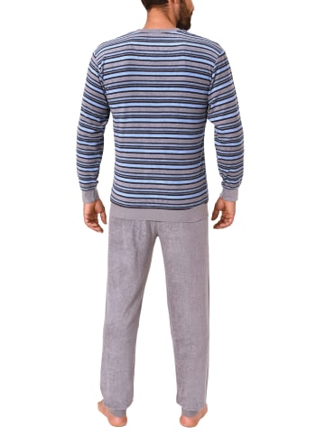 NORMANN Frottee Pyjama langarm Bündchen Streifen - 49642 in grau/blau