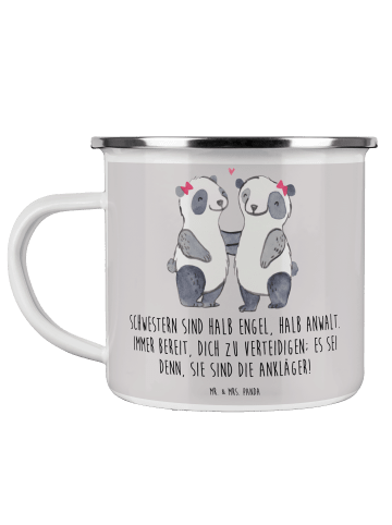 Mr. & Mrs. Panda Camping Emaille Tasse Schwesternwunder mit Spruch in Grau Pastell
