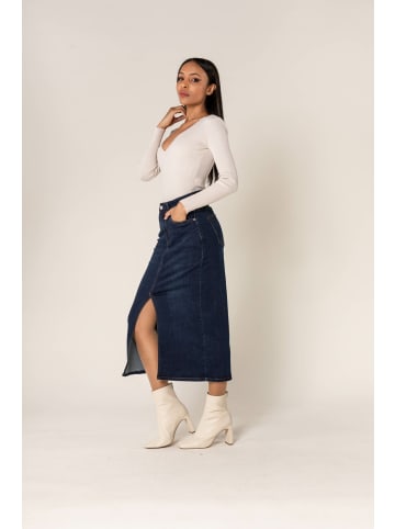 Nina Carter Langer Jeansrock mit Schlitz Stretch Denim Midi Rock in Dunkelblau