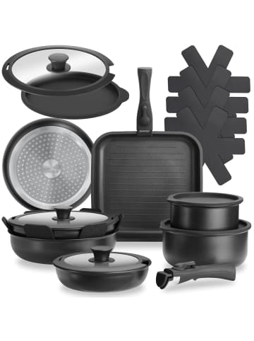 tectake Kochtopfset Parma Ofenfest bis 175°C, mit 5 Topfschonern, schwarz