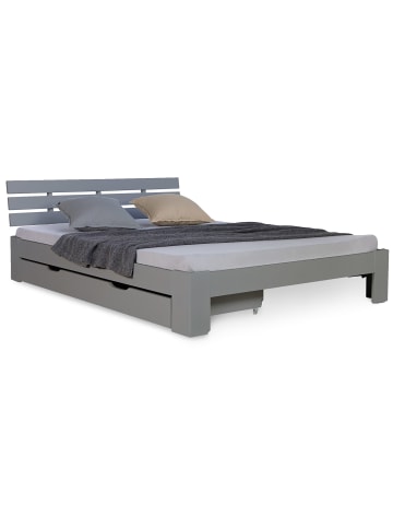 Homestyle4u Holzbett 140x200 mit Lattenrost und Bettkasten in Grau