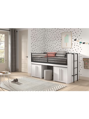58 aufm Kessel HALBHOCHBETT 90x200 Keelia Weiß mit Schreibtisch Stauraum