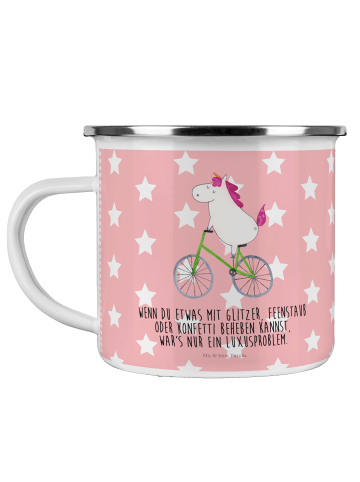 Mr. & Mrs. Panda Camping Emaille Tasse Einhorn Radfahrer mit Spruch in Rot Pastell