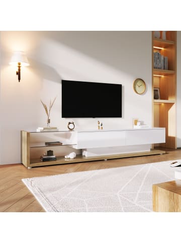 ABRIHOME LED-TV-Schrank 170cm– Hochglanz Weiß & Holzoptik,mit Glaselementen
