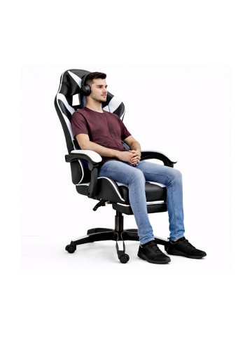 Wisam® Gaming Stuhl Drehbar Fußstütze Schwarz Weiß