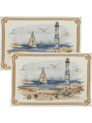 Sander Baumwollmischung, Gewebt, Gobelin Tischset 2er-Pack Lighthouse in blau-natur