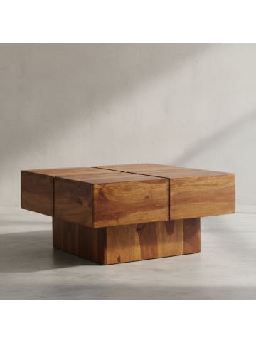 KADIMA DESIGN Couchtisch Sheesham Massivholz Quadrat, modernes Rillenmuster