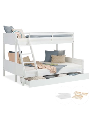 Homestyle4u Etagenbett mit 2 Matratzen und Bettkasten 90x200 und 140x200 in Weiß