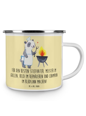 Mr. & Mrs. Panda Becher Emaille Bester Stiefvater mit Spruch in Gelb Pastell