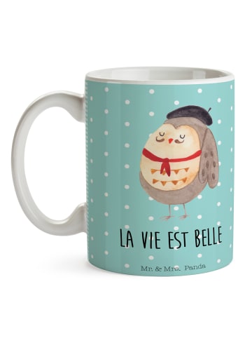 Mr. & Mrs. Panda Tasse Eule Frankreich mit Spruch in Türkis Pastell