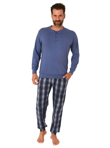 NORMANN Schlafanzug Bündchen und karierter Jersey Hose - 78081 in marine