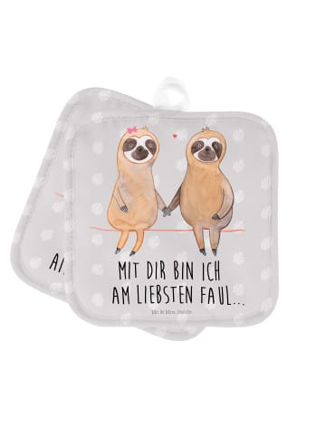 Mr. & Mrs. Panda 2er Set Topflappen  Faultier Pärchen mit Spruch in Grau Pastell