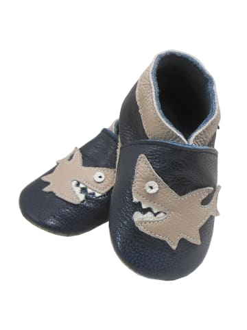 Bemesu Dunkelblaue Leder Babyschuhe, Krabbelschuhe, rutschfeste Sohle - Hai-Muster