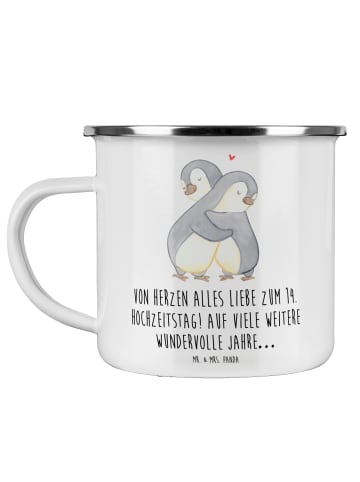 Mr. & Mrs. Panda Camping Emaille Tasse 14. Hochzeitstag Elfenbei... in Weiß