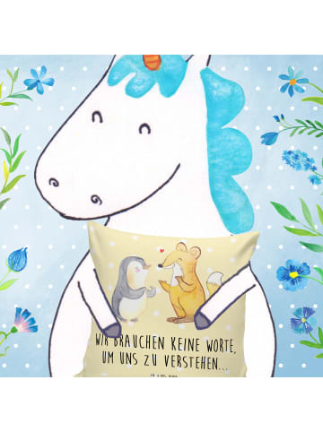Mr. & Mrs. Panda Sofakissen Fuchs & Pinguin gehörlos mit Spruch in Gelb Pastell
