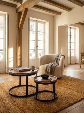 KADIMA DESIGN Beistelltisch-Set Massiv | 2 Runde Tische, Metallgestell in Beige
