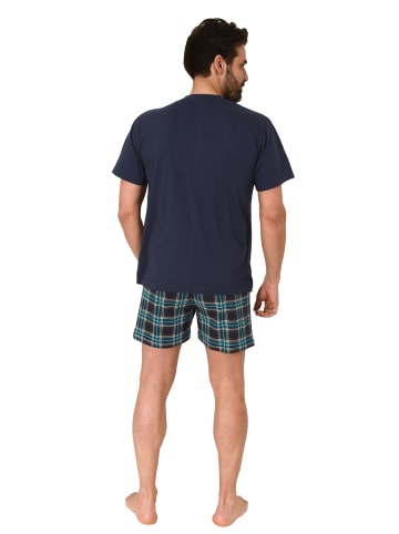 NORMANN Schlafanzug kurzarm Shorty mit karierter Jersey Hose in marine